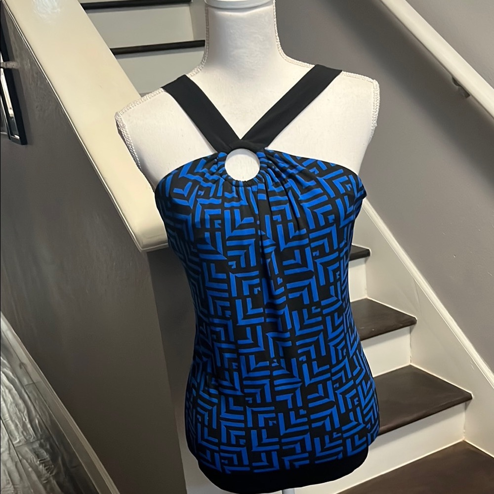 INC International Concepts Geometric Blue and Black Halter Top Keyhole Front XL